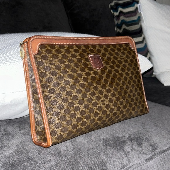 Authentic Celine Vintage Brown Logo Clutch Leather & Web Canvas 11 X 7 Inches - Picture 5 of 16